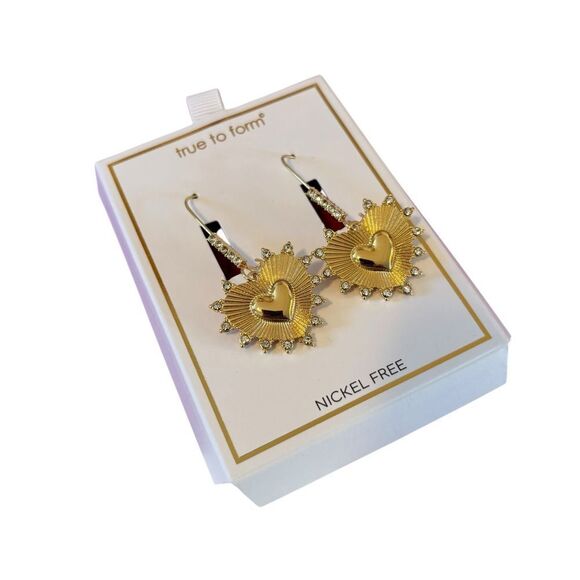 Striking Gold Tone Long Drop Heart Earrings Encircled w/ Pave Crystals. - Picture 3 of 6